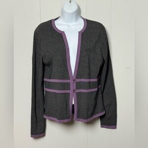 Grace Dane Lewis Women’s Two Button Gray Cardigan with Purple Trim Size L